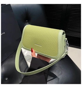 Close-up of light green crossbody bag with woven texture and silver fashion logo