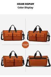 Caramel travel bag detail showing multiple views, trolley sleeve, and adjustable shoulder strap