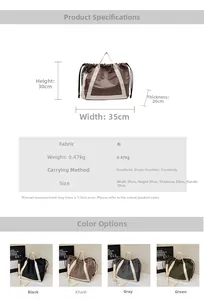 Detailed technical specifications and dimensions for a large canvas tote bag showing colors