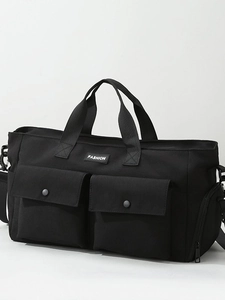 Large black travel duffel bag with dry-wet separation and fashion label on white background