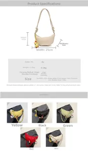 Detailed size specifications and color options for the half-moon PU leather crossbody bag