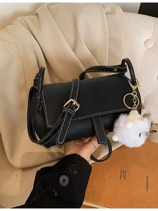 Trendy PU Leather Small Square Crossbody Bag For Women Summer Fashion Solid Color Stitching Shoulder Bag Plush Pendant