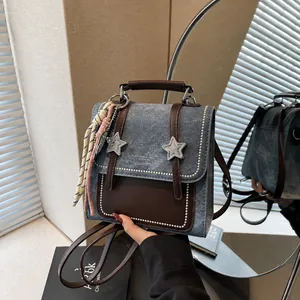 Sac à Dos Femme Mode en Cuir PU et Denim Patchwork Vintage Petit Sac Carré avec Boucle Étoile pour Voyage Quotidien Décontracté