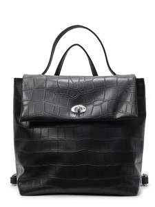 Mochila negra para mujer con relieve de cocodrilo y cierre de torsión plateado