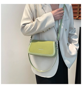Detail shot of the light green woven texture and silver metal buckle on the shoulder bag