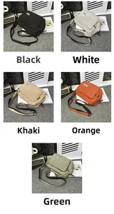 Vertical display of nylon crossbody bags in black, white, khaki, orange and green colors