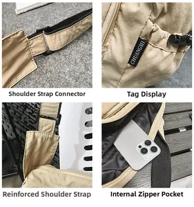 Detailed views of nylon bag hardware, reinforced stitching, and phone pocket capacity