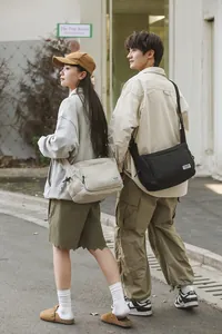 Detail of adjustable strap and front zipper pockets on high-density nylon crossbody bags
