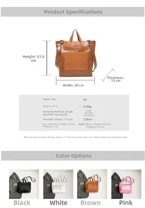 Detailed size specifications and material chart for the vintage PU leather tote bag