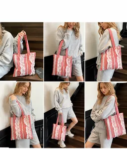 Detailed views of checkered tote bag with lace ruffles shown by a model indoors
