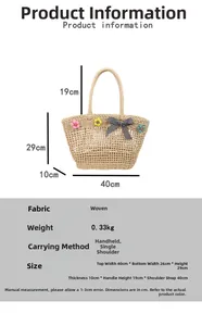 Detailed size chart for hollow out straw tote bag featuring 3D floral accents and bow