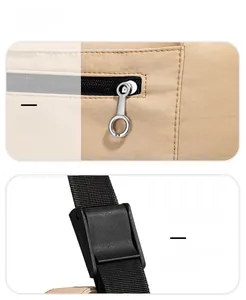 Détail du zip en métal argenté et boucle en plastique sur le sac de voyage kaki