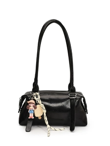 Minimalist black glossy shoulder bag with cute cartoon girl pendant and silver zipper