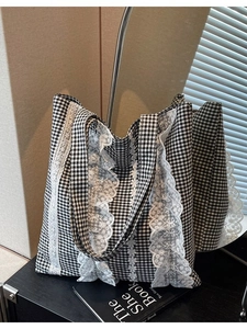 Fresh Gingham Canvas Tote Bag For Women Retro Lace Ruffle Shoulder Bag Floral Embroidery Daily Shopping Handbag Eco Friendly Gift