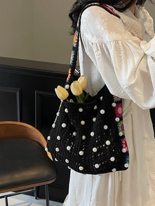 Sac Fourre-Tout Tissé à la Main avec Fleurs et Künstliche Perles Sac à Bandoulière Bohème au Crochet pour Femmes Broderie Rétro Grande Capacité Sac de Vacances d'Été