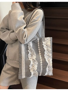 Chic black and white gingham bucket tote bag with white lace trim for women's fashion