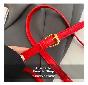 Detail of red pebbled leather adjustable shoulder strap with gold-tone metal buckle