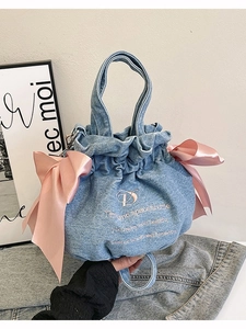 Sac Seau en Jean Tendance Femmes Noeud Satin Rose Cordon Bandoulière Coréen Doux Sac à Main Brodé Sac à Épaule