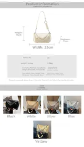 Detail specifications and five color variants of the stylish woven PU pillow handbag