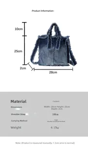 Guide des tailles montrant les dimensions du sac fourre-tout en denim: 28x25x2cm
