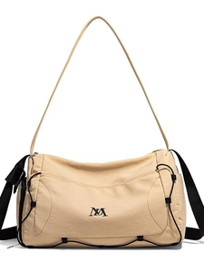 Grand sac de voyage beige avec logo noir et bandoulière large amovible réglable