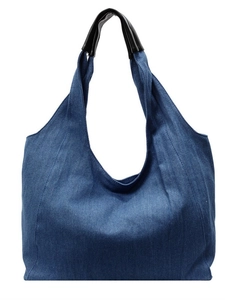Grande borsa tote in denim blu scuro con manici in pelle per il pendolarismo quotidiano