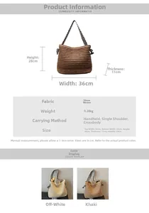 Detail view of woven straw tote bag showing 0.28kg weight and 36x28x11cm size specs