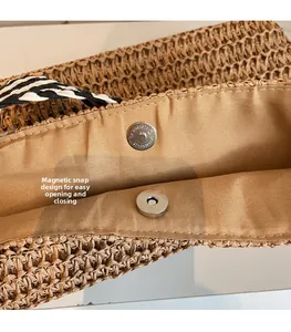 Detail of woven straw tote bag featuring secure silver magnetic snap closure and lining