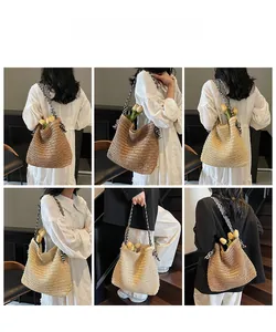 Straw woven shoulder bag in khaki and coffee colors showing large interior capacity
