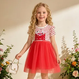 Detail of girl's summer dress with red striped top and matching red mesh tutu skirt
