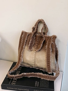 Vintage Sac Cabas en Toile Denim Effilochée pour Femme Rétro Dégradé Lavé Franges Sac à Épaule Bandoulière Décontracté Sac de Courses