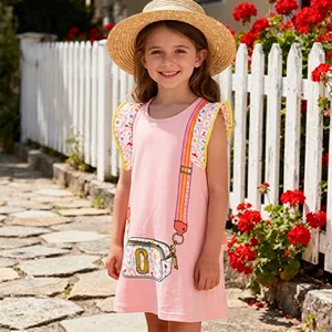 Close-up of pink girls summer dress featuring floral flutter sleeves and camera print