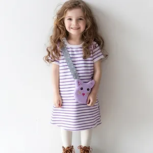 Detail of girls purple striped cotton dress with cute 3D cat plush shoulder bag