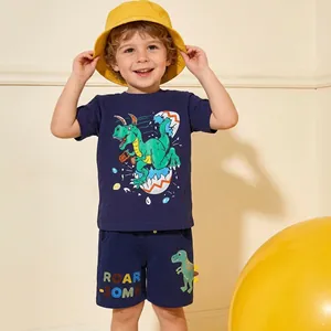 Toddler boy summer cotton set with navy blue dinosaur print t-shirt and shorts