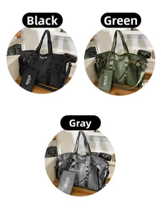 Three nylon tote bags in black, green, and grey with shoulder straps and mini pouches