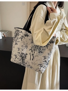 Women Large Capacity Canvas Tote Bag Chinese Ink Bamboo Print Handbag Casual Shoulder Bag Commuter Bag For Daily Shopping
