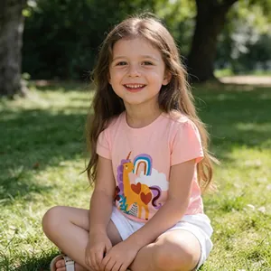 Close-up of girls' pink cotton t-shirt featuring vibrant unicorn and rainbow prints