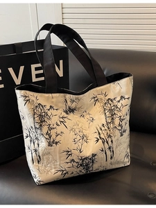 Metallic champagne gold canvas tote bag with black ink bamboo prints for women