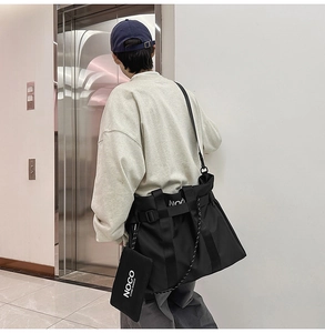 Detail of waterproof nylon tote with adjustable strap and detachable coin purse for commute