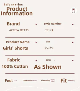 Size chart for girls' 100% cotton butterfly shorts showing fabric and fit details