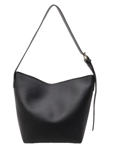 Sac seau minimaliste en cuir grainé noir avec bandoulière réglable et détails dorés
