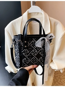 New Chinese Style Women PU Bucket Bag With Lace Bow Embroidery Geometric Pattern Vintage Crossbody Handbag Fashion Tote