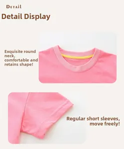 Détail d'un t-shirt rose pour fille montrant le col rond et la couture des manches