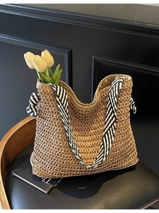 Women Large Straw Woven Tote Bag Striped Ribbon Shoulder Bag Bohemian Beach Handbag Summer Vacation Casual Crossbody Bag