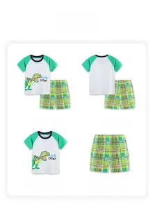 Détails de l'ensemble d'été pour garçons avec t-shirt dinosaure et short en coton à carreaux