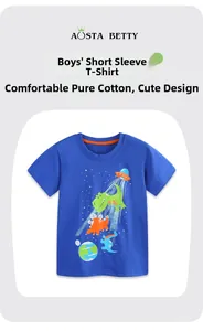Detail of royal blue boys cotton tee featuring colorful dinosaur and space print graphics