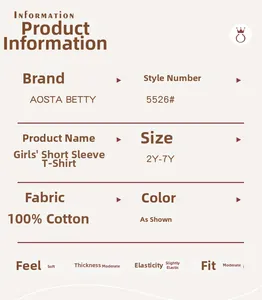 Size chart and fabric details for girls' cotton T-shirt showing material and fit