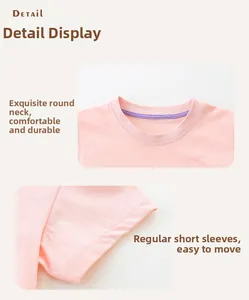 Detailed view of the pink cotton T-shirt showing round neckline and double-stitched sleeves