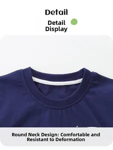 Detail of navy blue round neck T-shirt with reinforced ribbed collar for shape retention