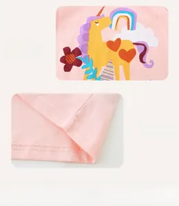 Detail of pink cotton T-shirt featuring unicorn print and neat hem stitching